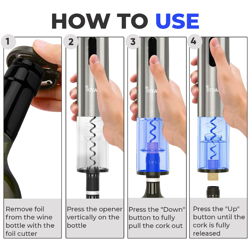 BIYADI Electric Wine Opener Set with 6-in-1 Wine Accessories, Rechargeable Automatic Electric Corkscrew, Foil Cutter, Wine Pourer, Vacuum Pump, 2 Wine Stoppers, Charging Stand- Wine Lover Gift Set