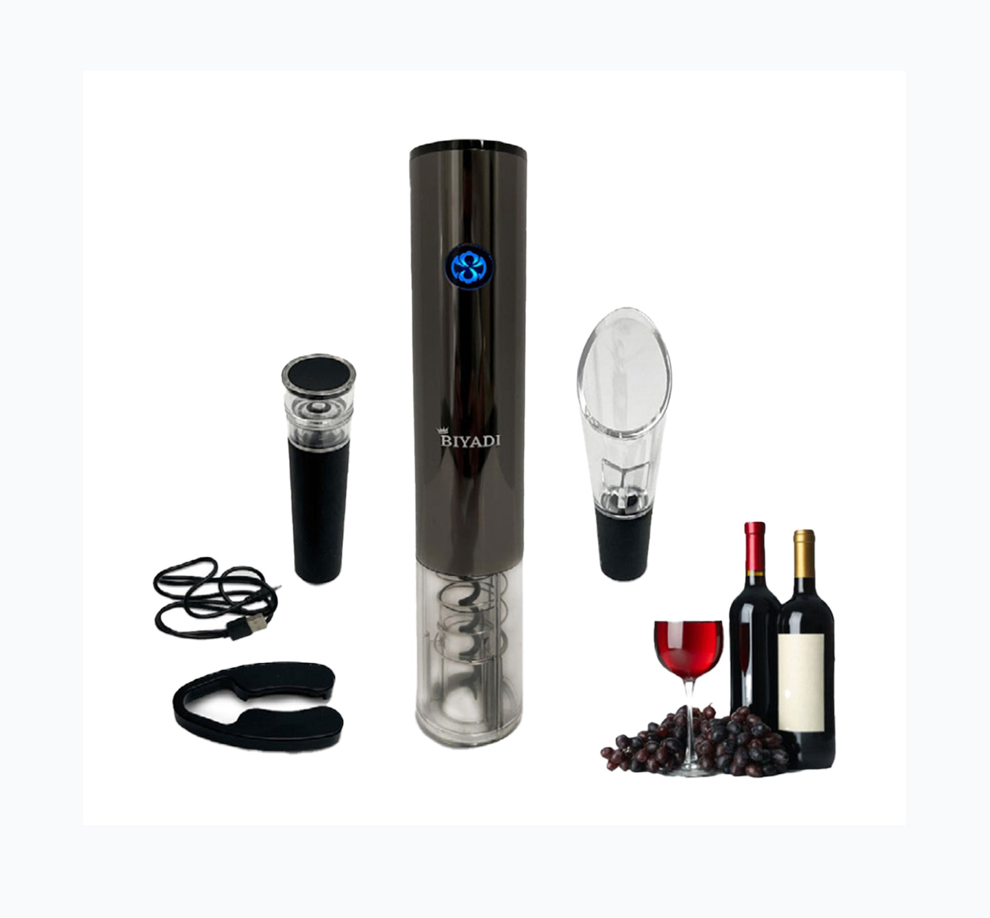 BIYADI Electric Wine Opener Set - Rechargeable Automatic Wine Opener with Foil Cutter, Wine Pourer, Vacuum Stopper, and USB charger - Wine Lover Gift Set