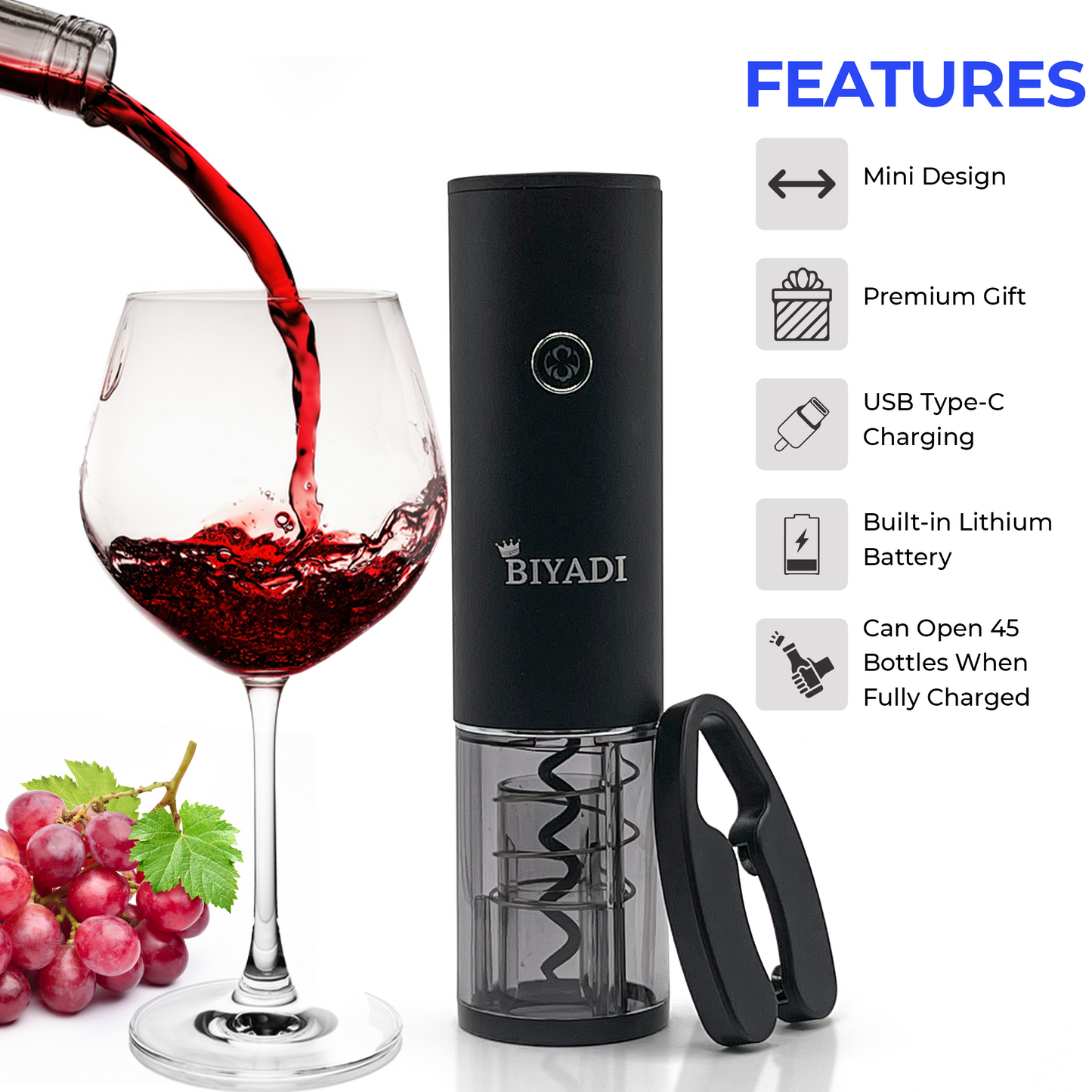 BIYADI Mini Electric Wine Opener- Rechargeable Wine Bottle Opener- Automatic Electric Corkscrew Opener for Wine with Foil Cutter, Type-C USB charging cable, Portable, Wine Lover Gift, Sommelier Choice