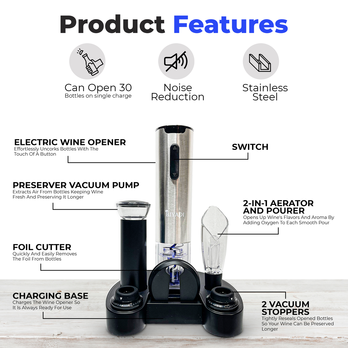 BIYADI Electric Wine Opener Set with 6-in-1 Wine Accessories, Rechargeable Automatic Electric Corkscrew, Foil Cutter, Wine Pourer, Vacuum Pump, 2 Wine Stoppers, Charging Stand- Wine Lover Gift Set