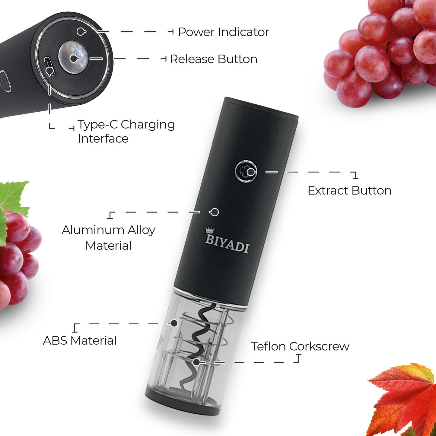 BIYADI Mini Electric Wine Opener- Rechargeable Wine Bottle Opener- Automatic Electric Corkscrew Opener for Wine with Foil Cutter, Type-C USB charging cable, Portable, Wine Lover Gift, Sommelier Choice