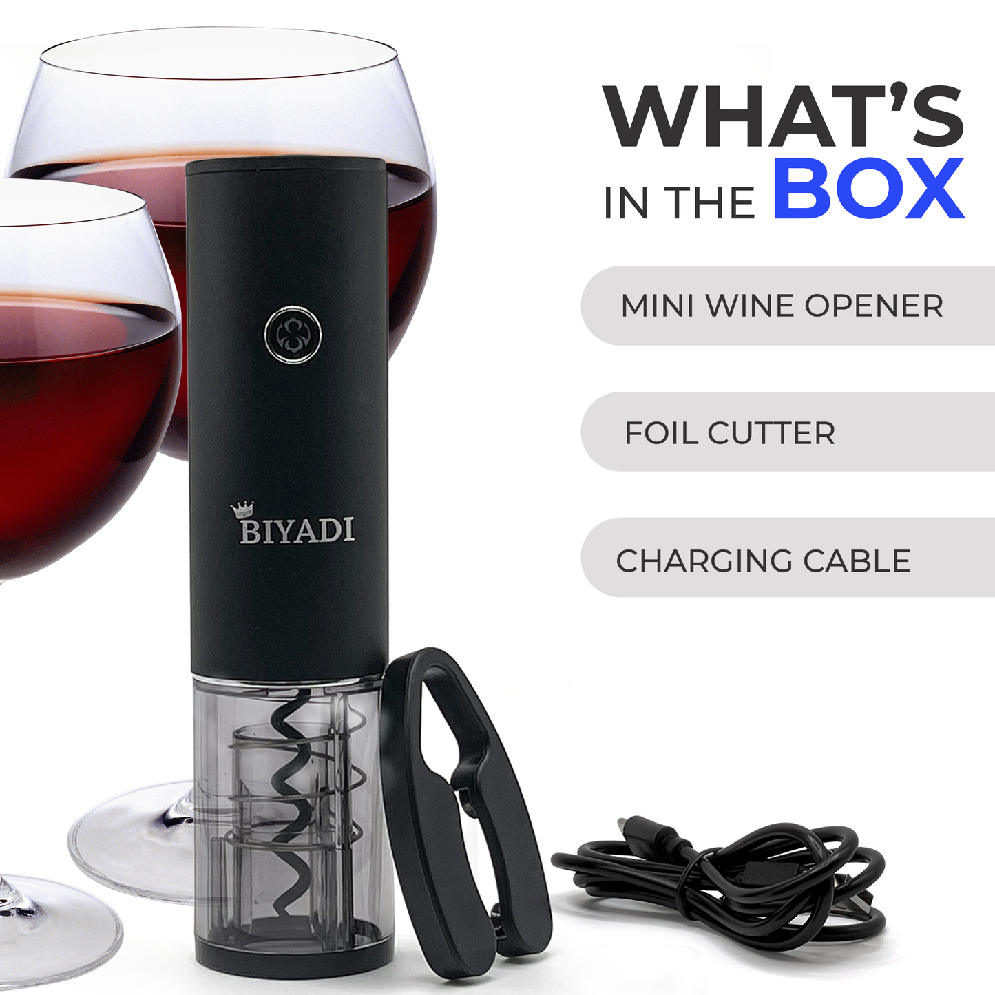 BIYADI Mini Electric Wine Opener- Rechargeable Wine Bottle Opener- Automatic Electric Corkscrew Opener for Wine with Foil Cutter, Type-C USB charging cable, Portable, Wine Lover Gift, Sommelier Choice