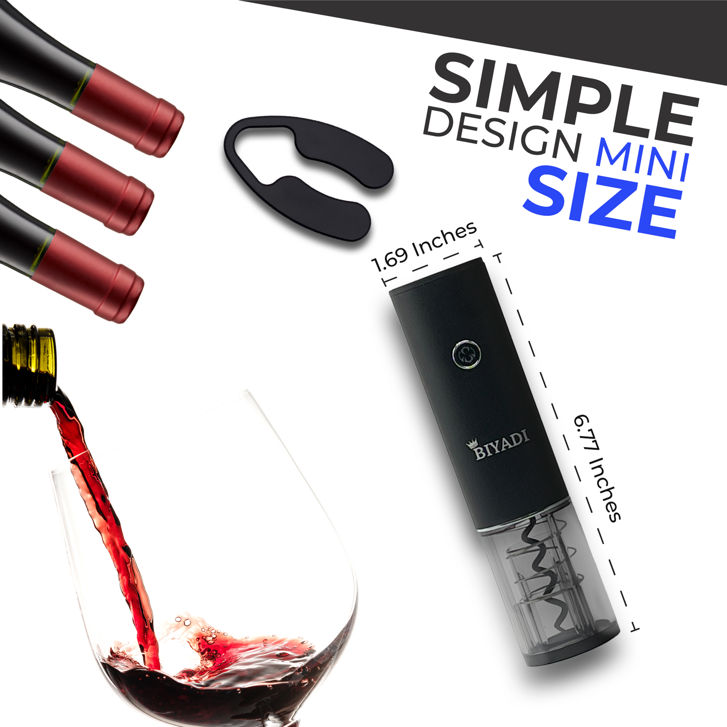 BIYADI Mini Electric Wine Opener- Rechargeable Wine Bottle Opener- Automatic Electric Corkscrew Opener for Wine with Foil Cutter, Type-C USB charging cable, Portable, Wine Lover Gift, Sommelier Choice