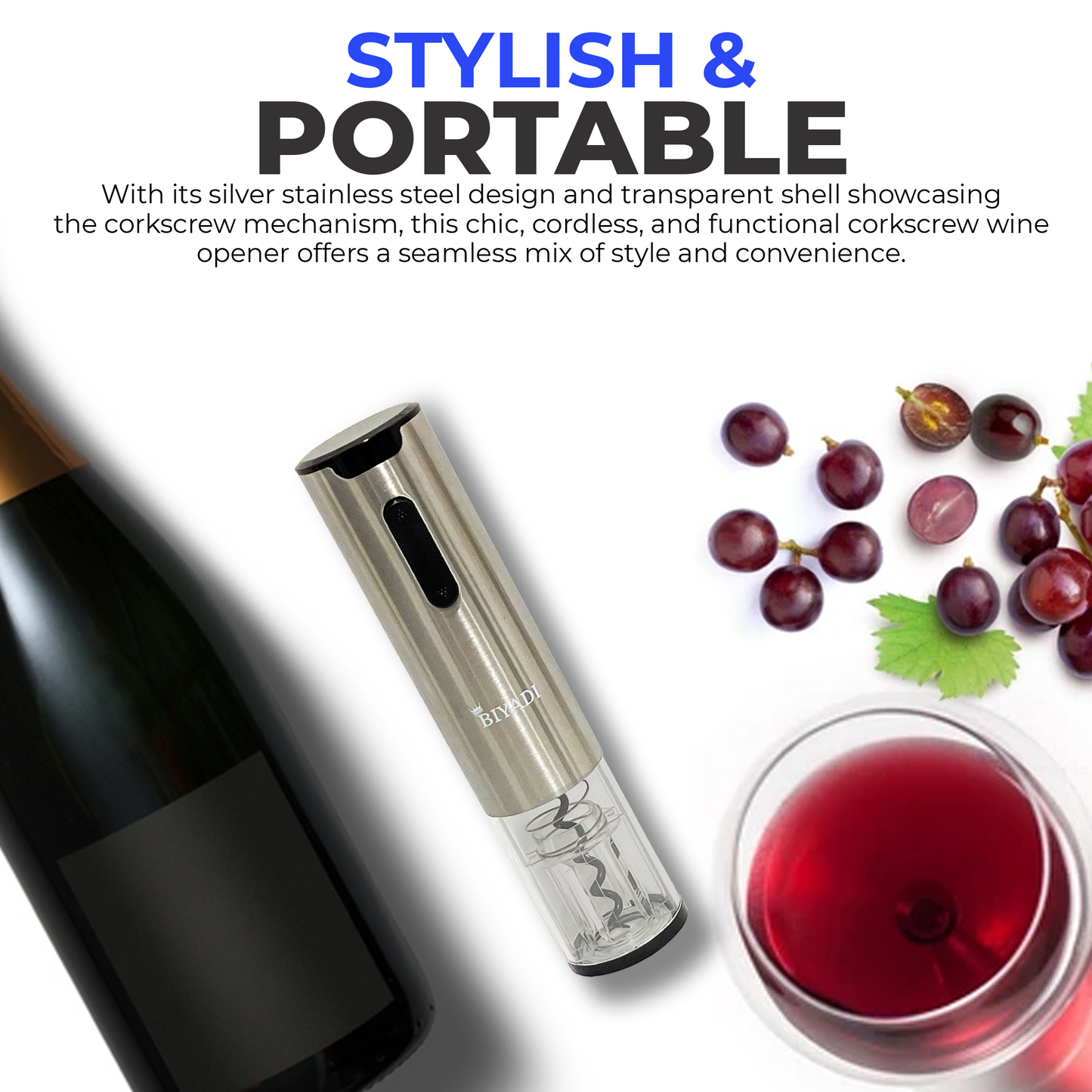 BIYADI Electric Wine Opener Set with 6-in-1 Wine Accessories, Rechargeable Automatic Electric Corkscrew, Foil Cutter, Wine Pourer, Vacuum Pump, 2 Wine Stoppers, Charging Stand- Wine Lover Gift Set