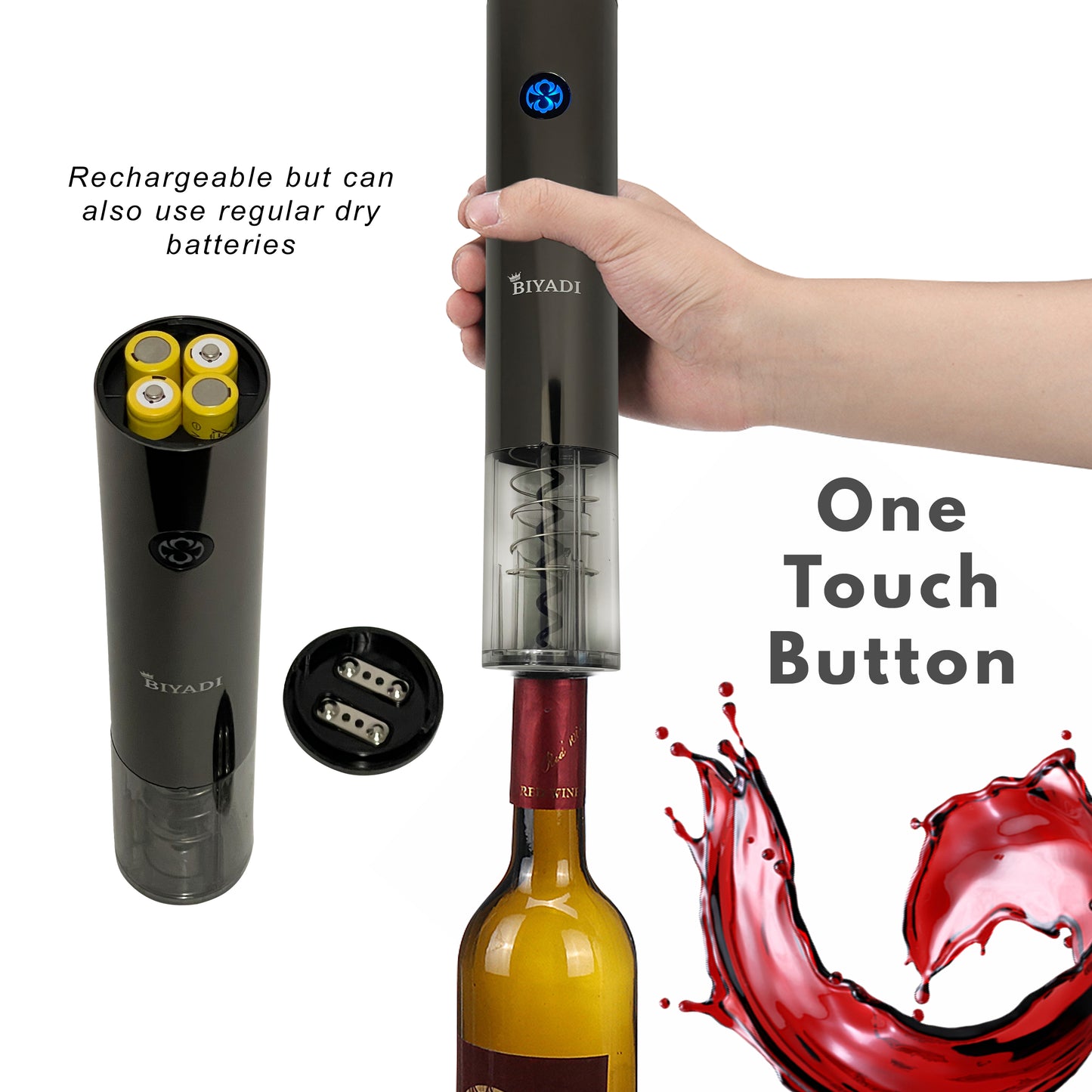 BIYADI Electric Wine Opener Set - Rechargeable Automatic Wine Opener with Foil Cutter, Wine Pourer, Vacuum Stopper, and USB charger - Wine Lover Gift Set