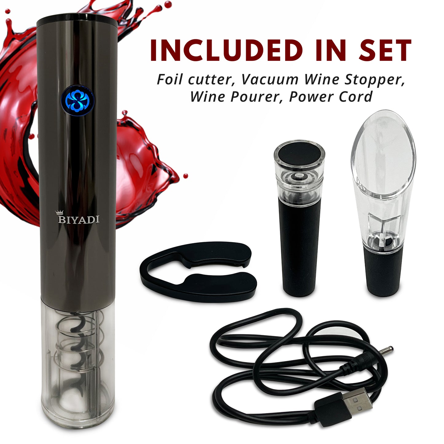 BIYADI Electric Wine Opener Set - Rechargeable Automatic Wine Opener with Foil Cutter, Wine Pourer, Vacuum Stopper, and USB charger - Wine Lover Gift Set